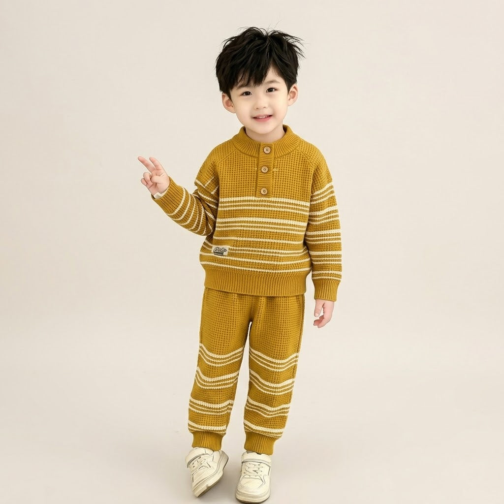 Boys Mustard Striped Knitted Sweater & Trouser Set