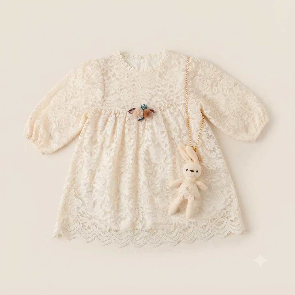 Cream Lace Party Frock with Bunny Purse