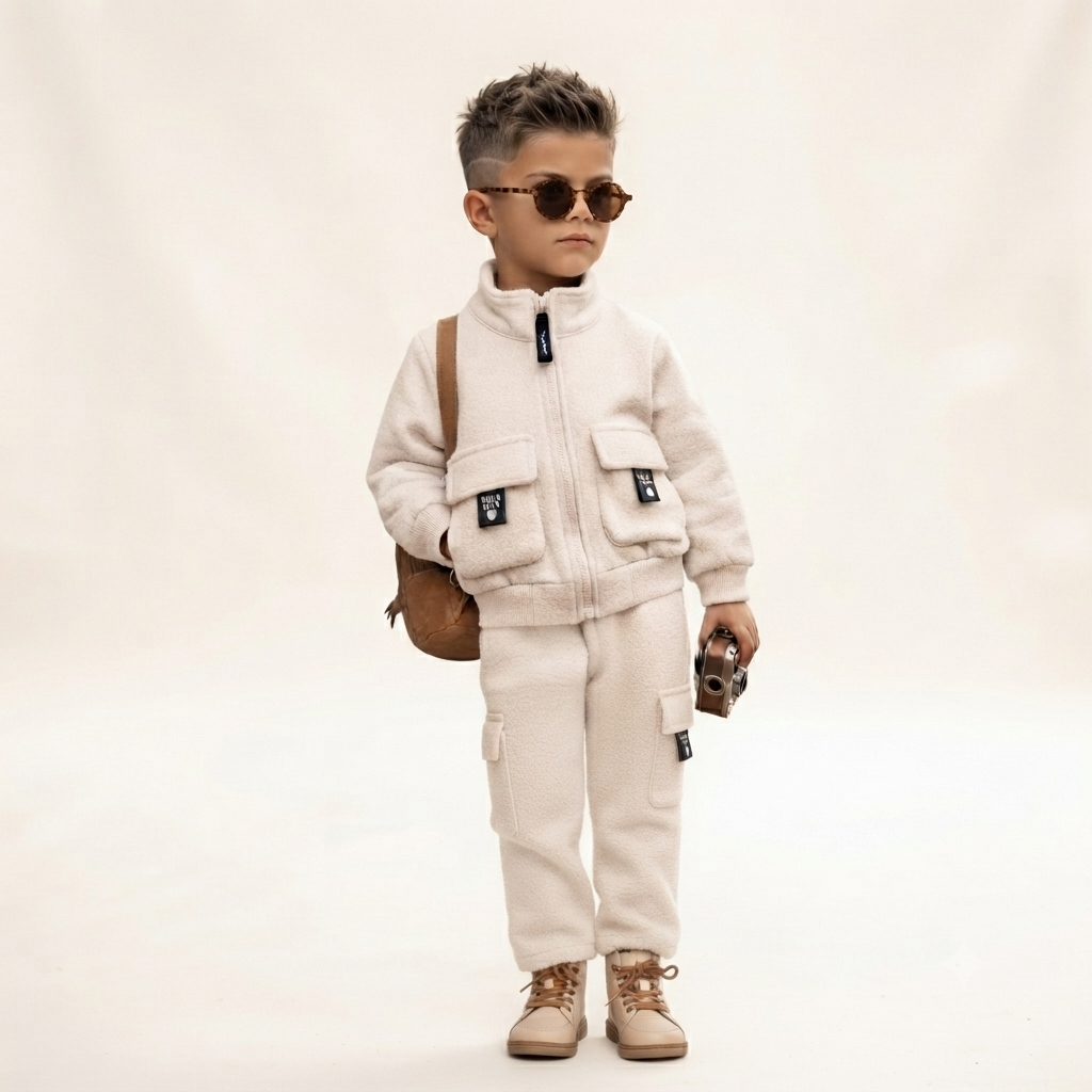 Unisex Kids Fleece Cargo Tracksuit Set-Cream