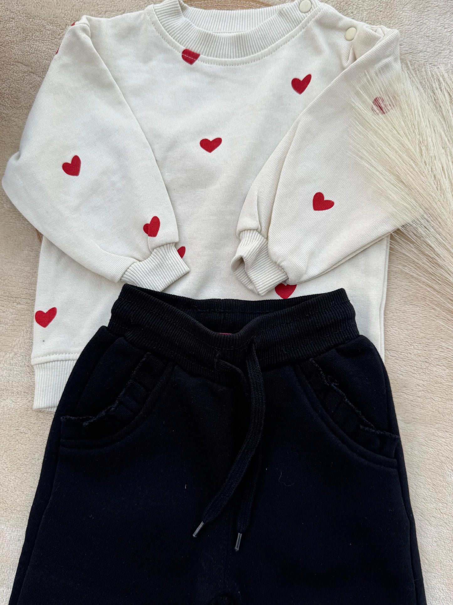 Cream Heart Fleece Sweatshirt & Black Trouser Set