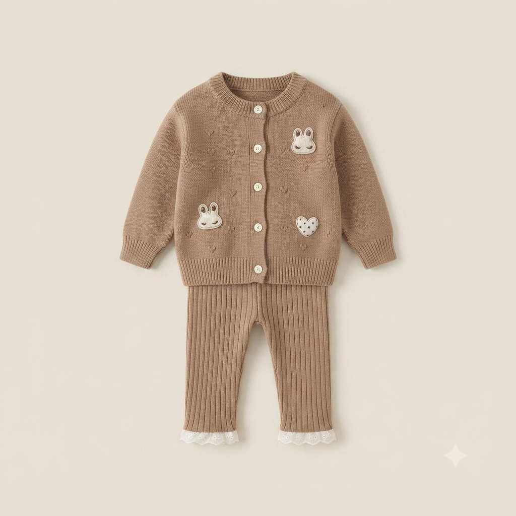 Cute Bunny and Heart Applique Knit Cardigan and Pants Set