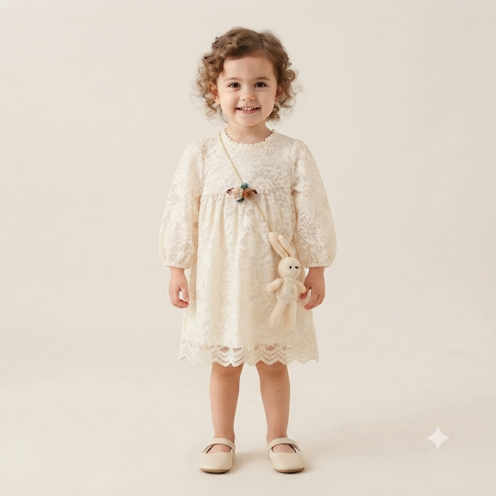 Cream Lace Party Frock with Bunny Purse