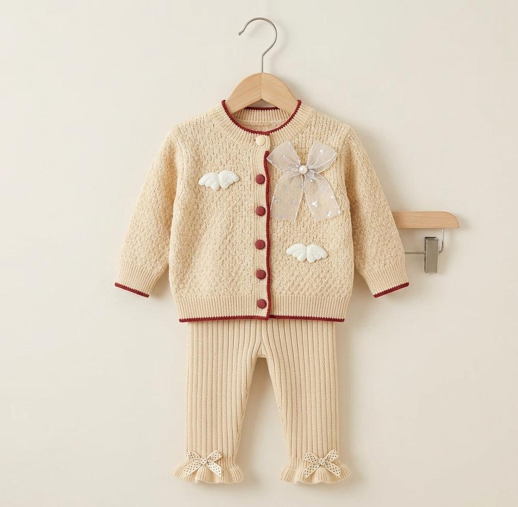Bow Accent Ribbed Knit Cardigan and Pants Set