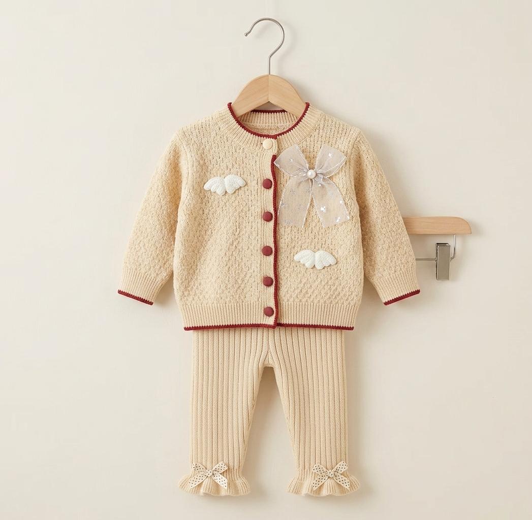 Bow Accent Ribbed Knit Cardigan and Pants Set