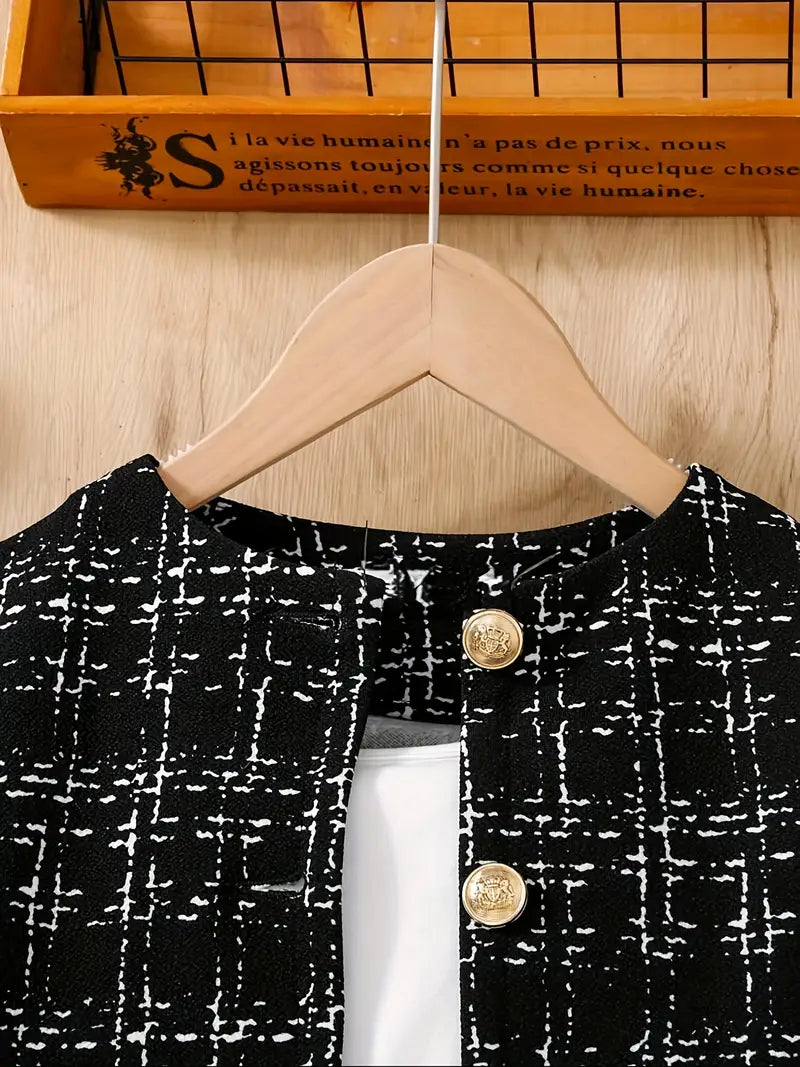 SHEIN Girls Chic Button-Accented Tweed Blazer and Skirt Combo