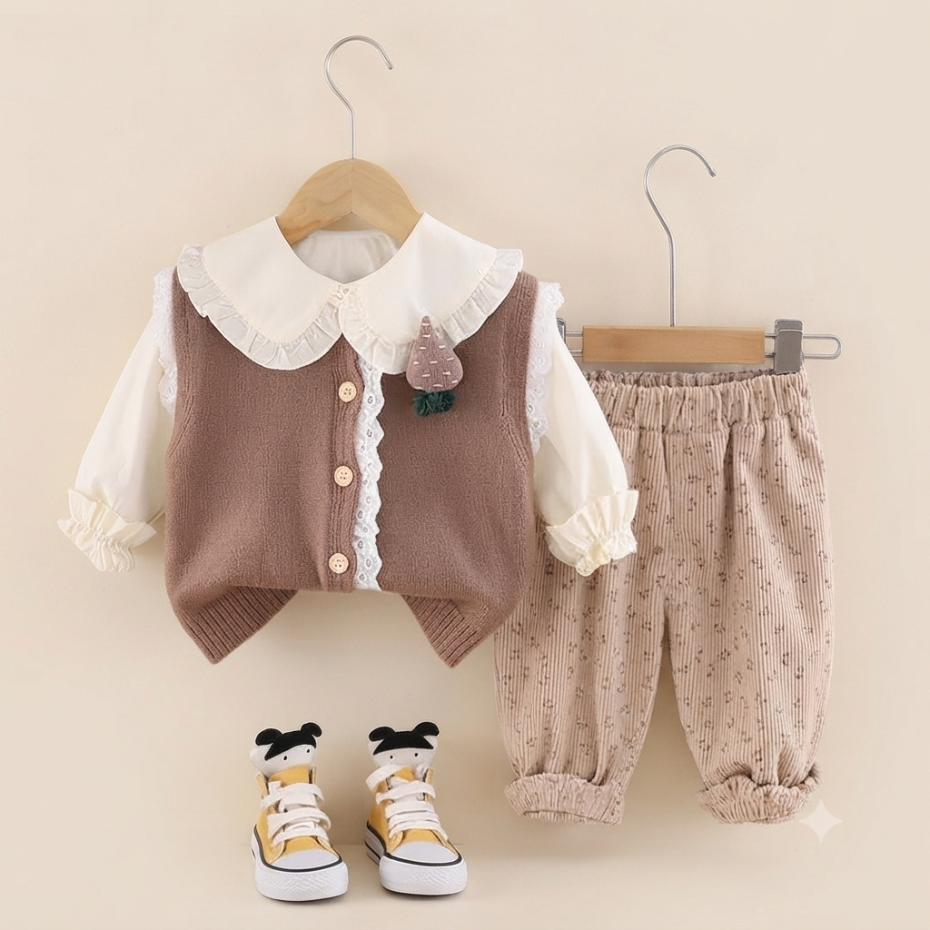 Baby Girl Knit Vest Blouse Corduroy Pants Outfit Set-Brown