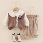 Baby Girl Knit Vest Blouse Corduroy Pants Outfit Set-Brown