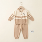 Beige & Cream Striped Knit Baby Cardigan and Pants Set