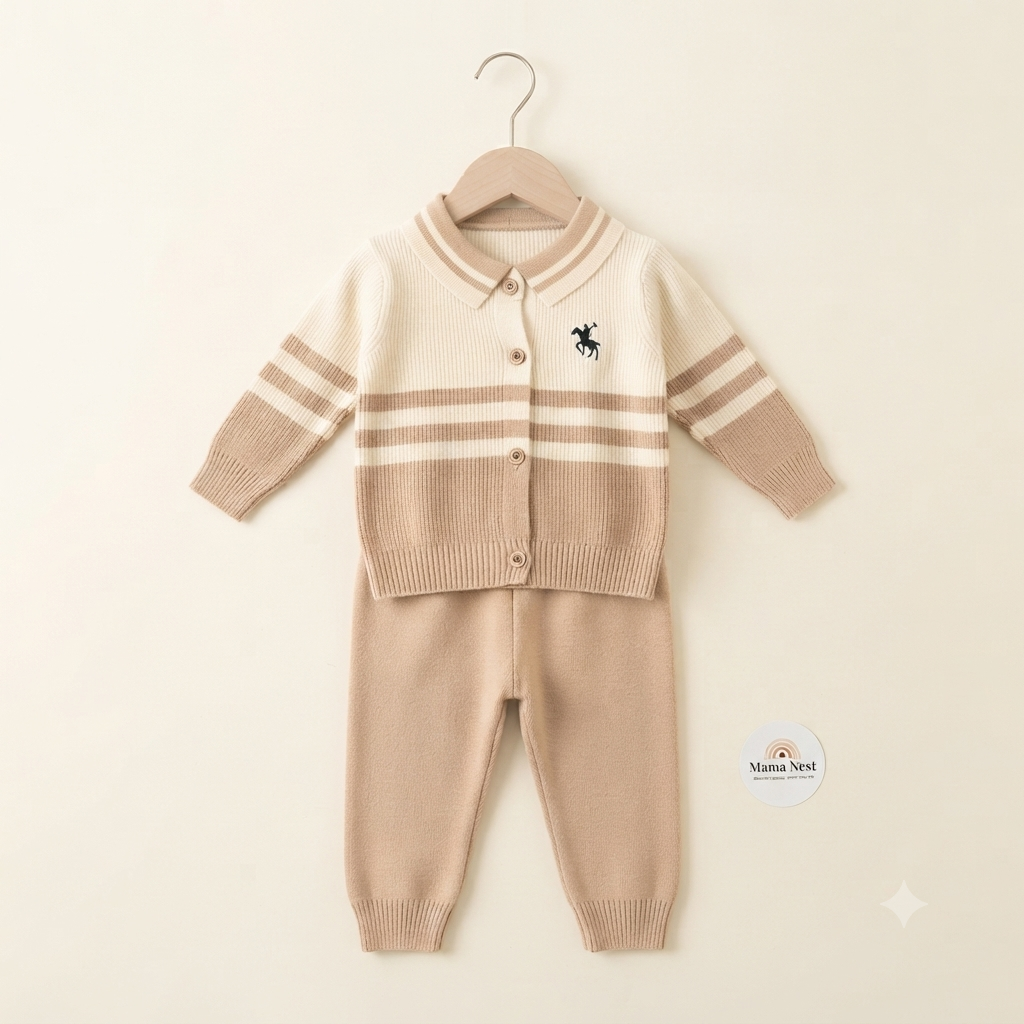 Beige & Cream Striped Knit Baby Cardigan and Pants Set