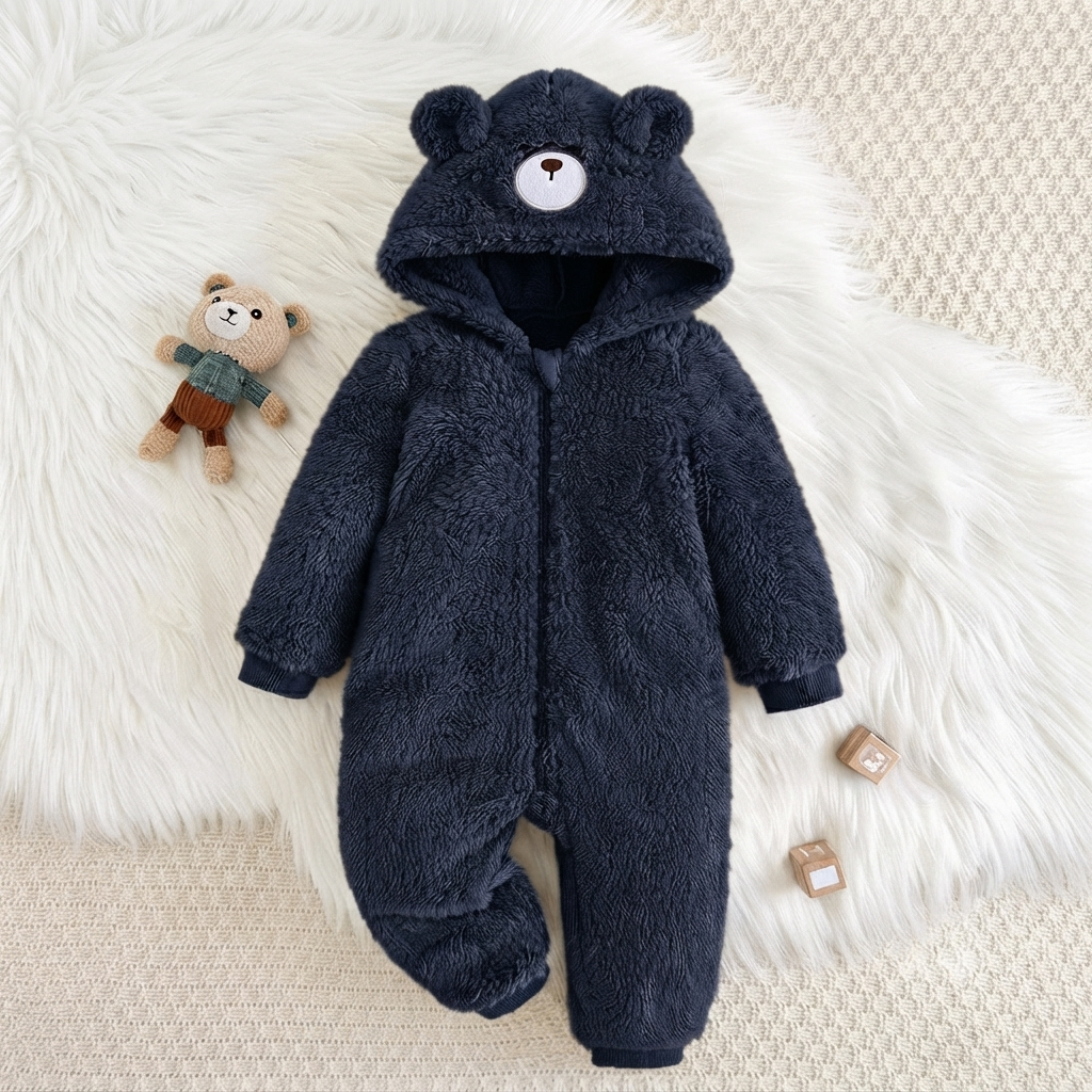 Cozy Pixes Navy Blue Sherpa Baby Romper with Hood & Ears
