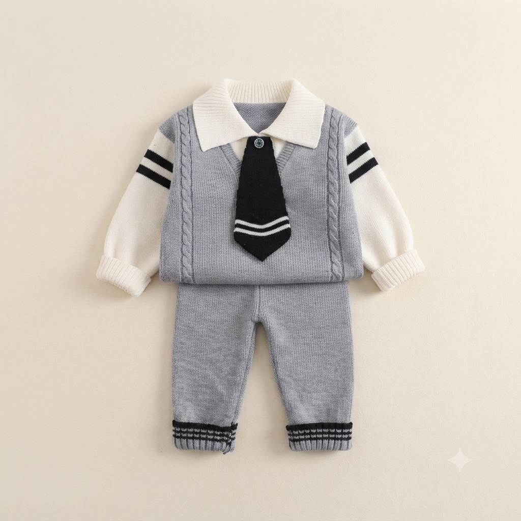 Baby Boy Knit Sweater and Pants Set with Mock Tie