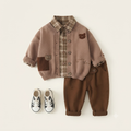 Little Teddy Bear Knit Cardigan 3-Piece Winter Outfit – Plaid & Beige