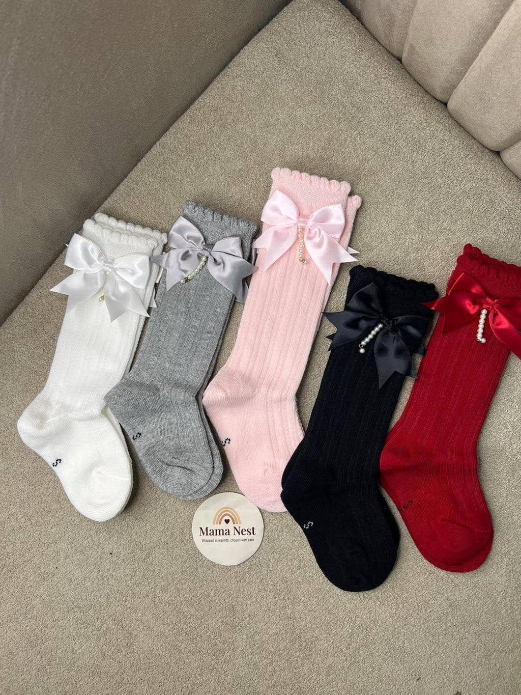 Elegant Pearl & Satin Bow Baby Socks
