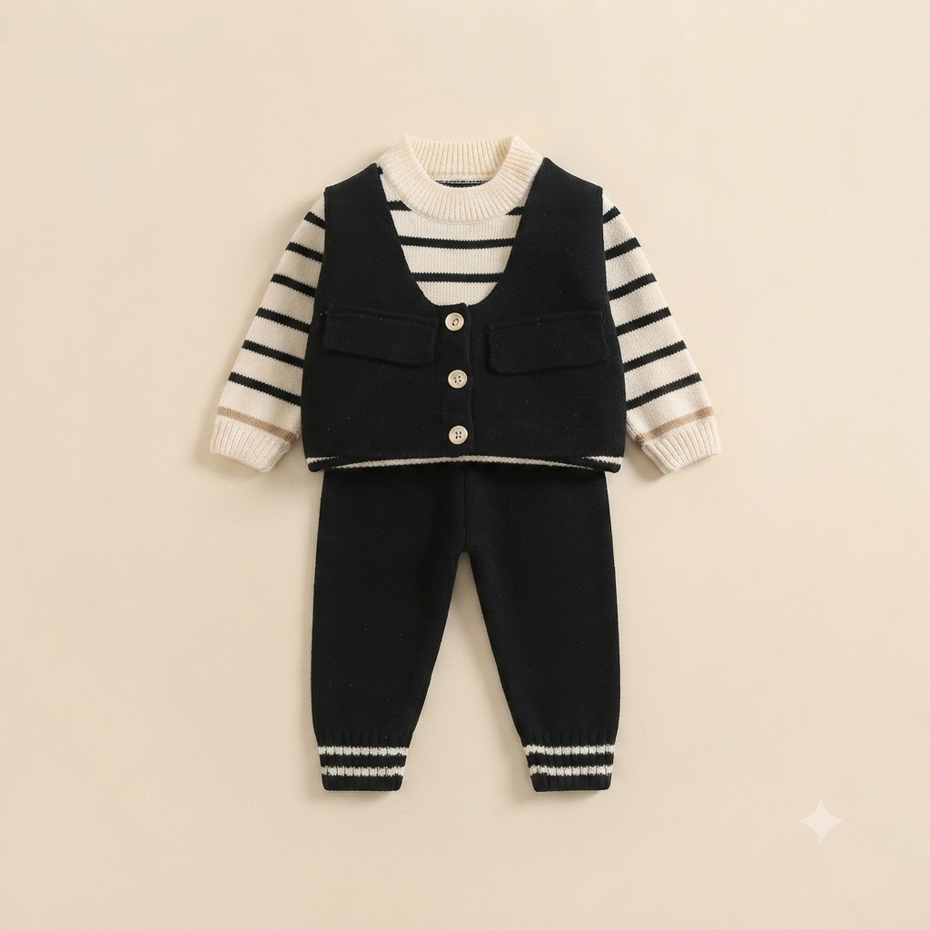 Infant Knit Vest and Striped Tracksuit-Black