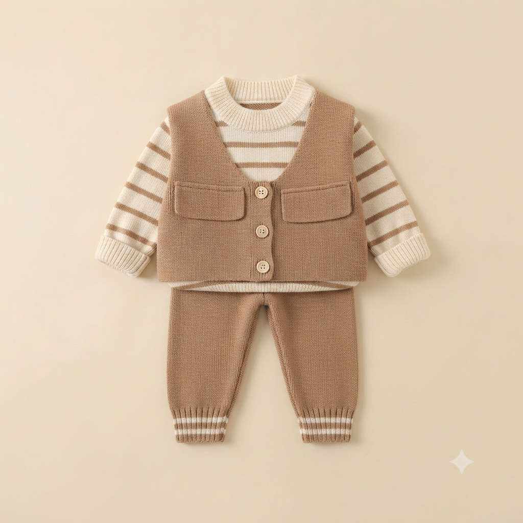 Infant Knit Vest and Striped Tracksuit-Brown