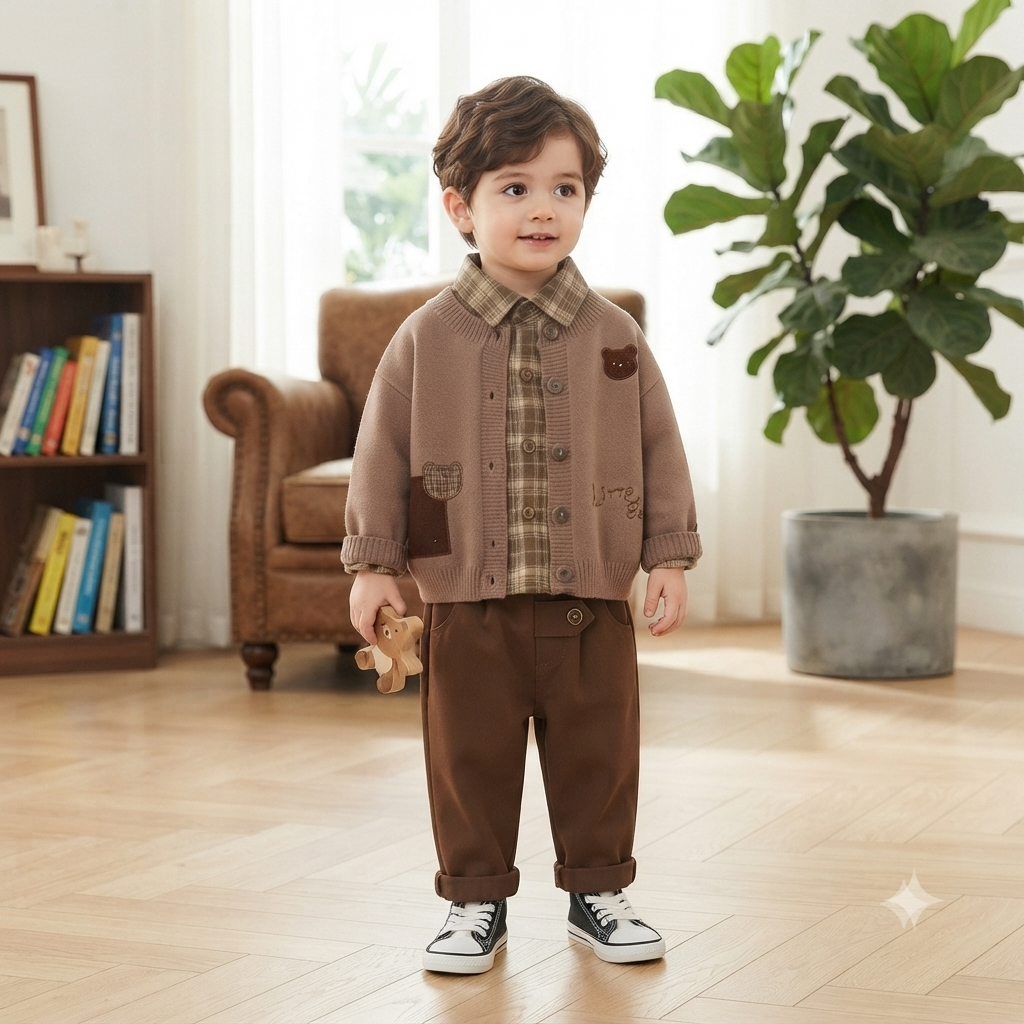 Little Teddy Bear Knit Cardigan 3-Piece Winter Outfit – Plaid & Beige
