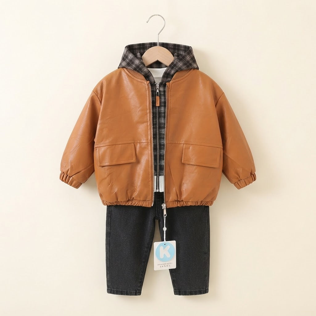 Boys Faux-Leather Zip-Up Jacket with Plaid Hood and Cargo Jeans Outfit- Rust Brown