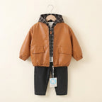 Boys Faux-Leather Zip-Up Jacket with Plaid Hood and Cargo Jeans Outfit- Rust Brown