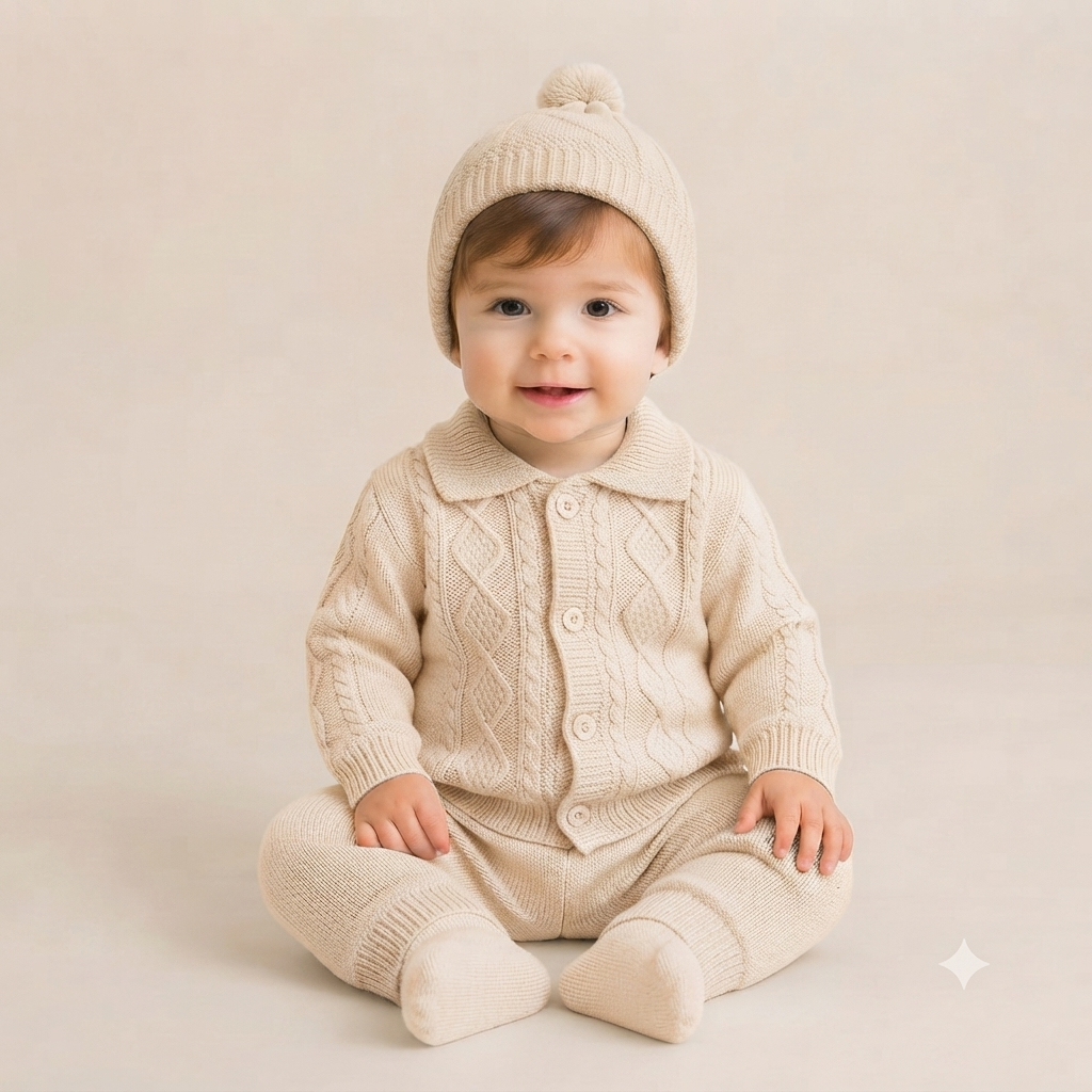 Newborn Knit Cardigan & Cap Set - Beige