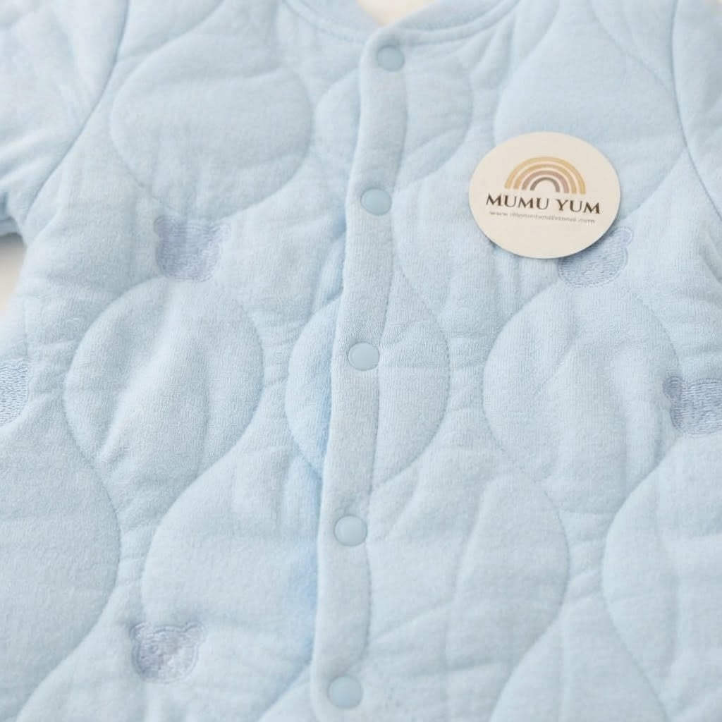 Cozy Quilted Bear Print Baby Jumpsuit- Sky blue