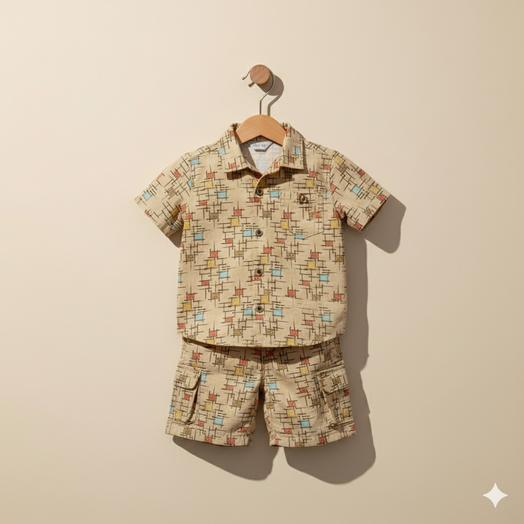 Vintage Grid Printed Shirt & Shorts Set