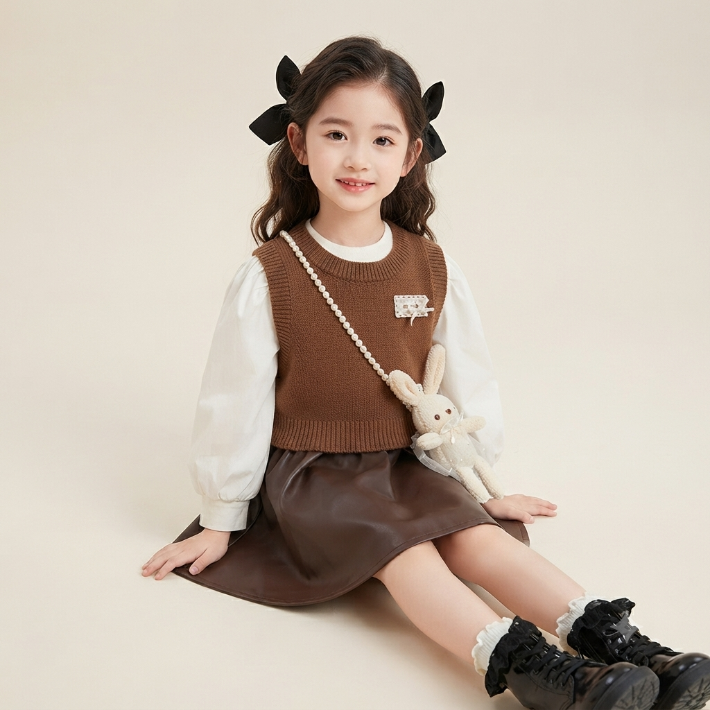 Girls' Two-Piece Knit Vest and Faux Leather Skirt Set with Bunny Bag-Brown