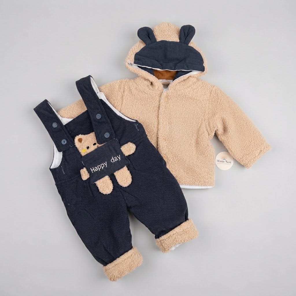 Teddy Bear Hooded Sherpa Jacket & Corduroy romper-Blue