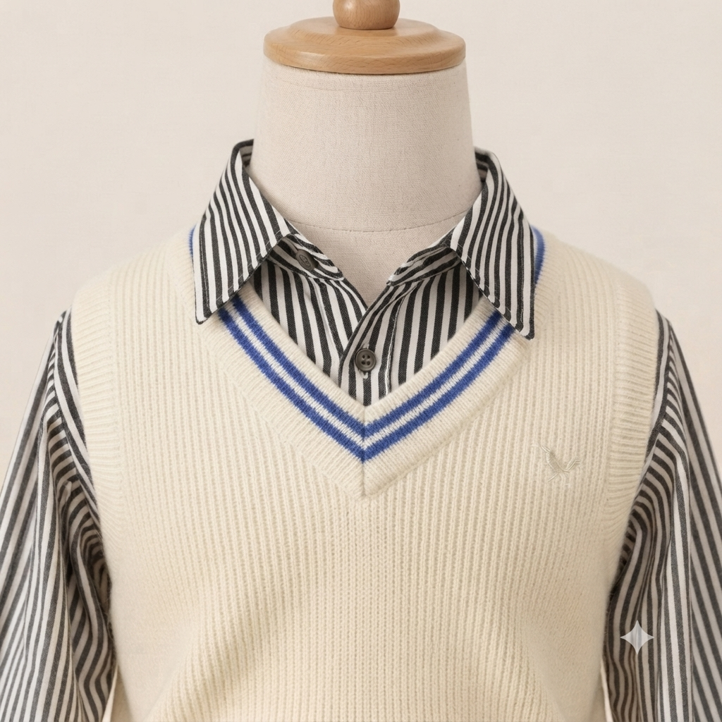 Cream V-Neck Knit Vest & Striped Shirt Set with Distressed Denim