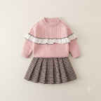Toddler Girls Cable Knit Sweater and Houndstooth Pleated Skirt Set - Pink