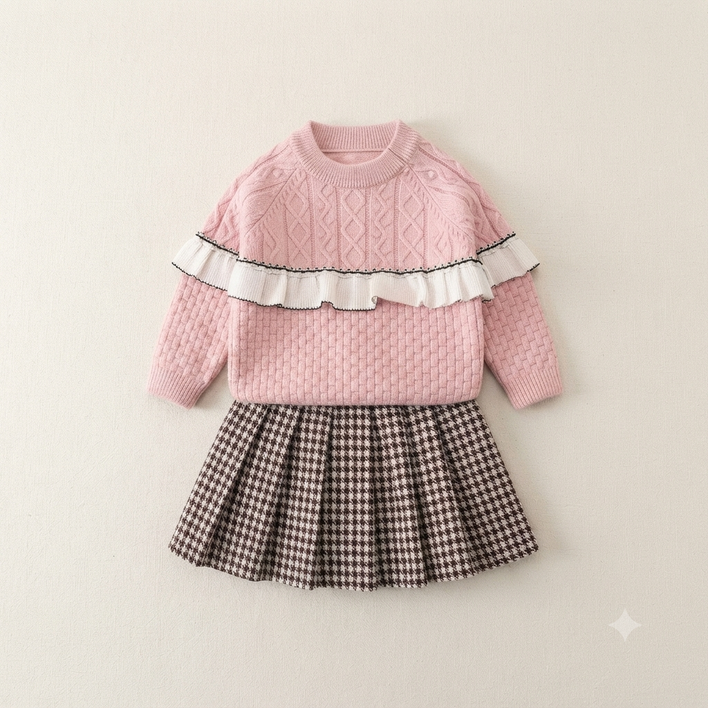 Toddler Girls Cable Knit Sweater and Houndstooth Pleated Skirt Set - Pink