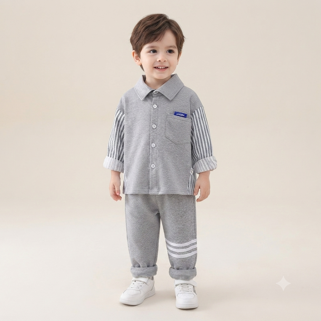 Toddler Striped Sleeve Polo and Jogger Set – Heather Grey