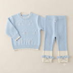 Pearl Rhinestone Bow Ribbed Knit Sweater and Pants Set