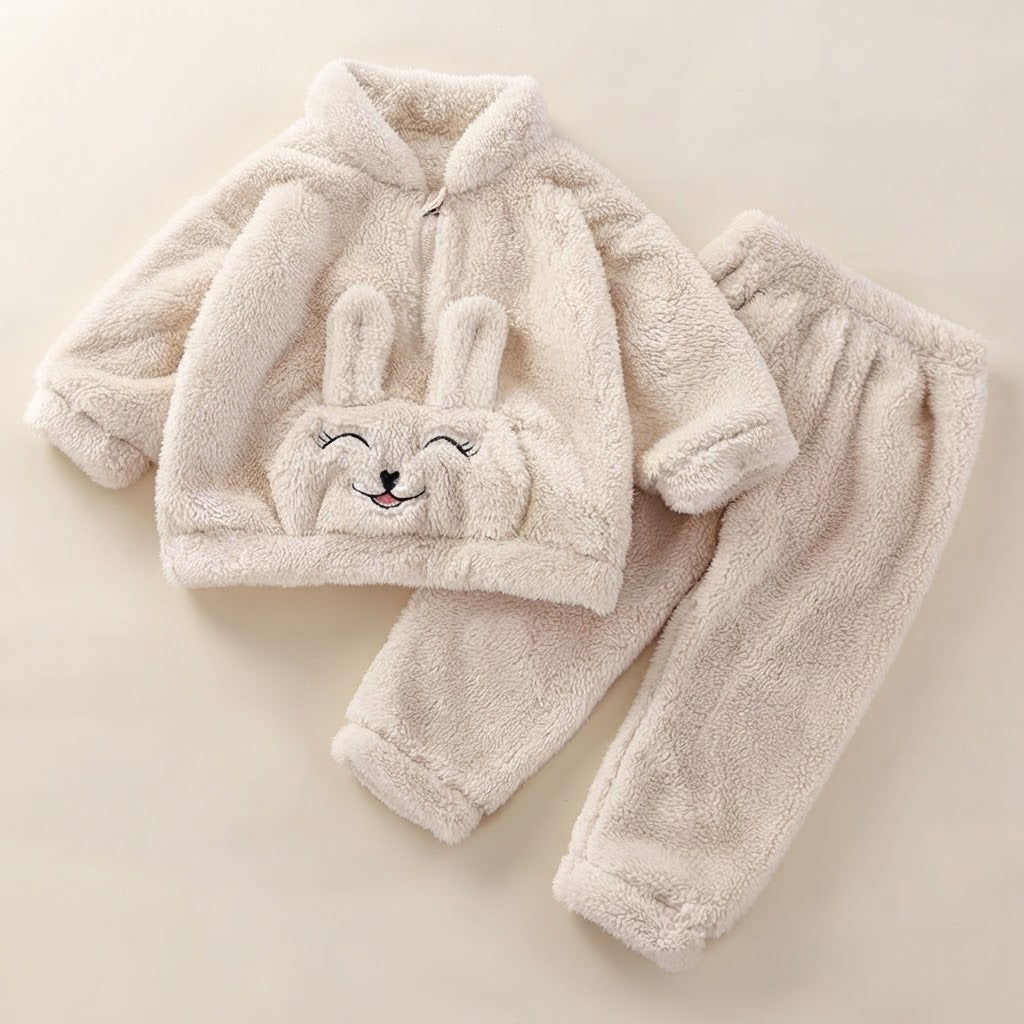 Adorably Cozy Cream Bunny Fluffy Winter Tracksuit for Kids
