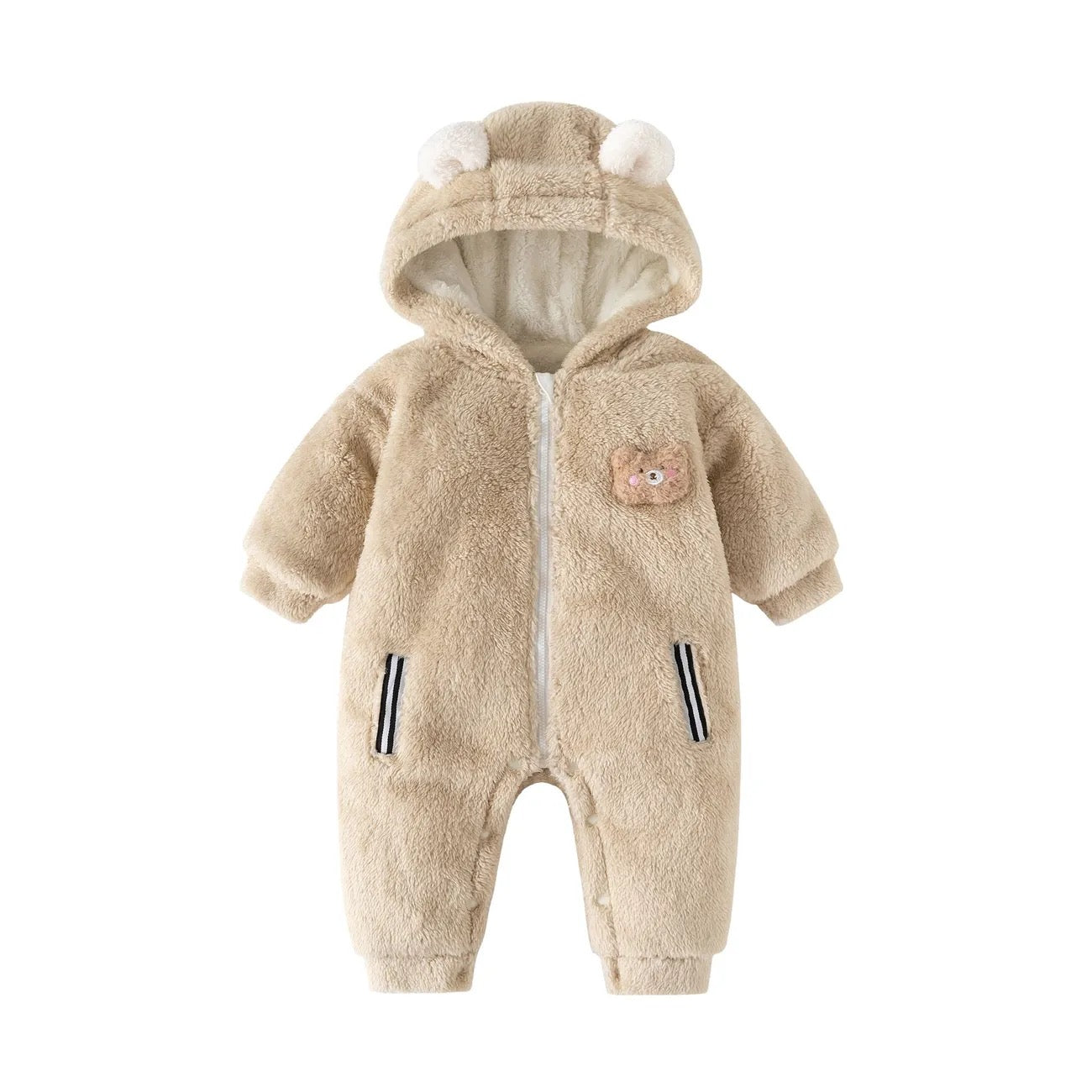 Snuggly Beige Bear Pocket Faux-Sherpa Baby Romper
