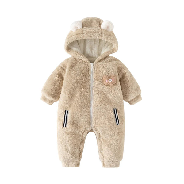 Snuggly Beige Bear Pocket Faux-Sherpa Baby Romper