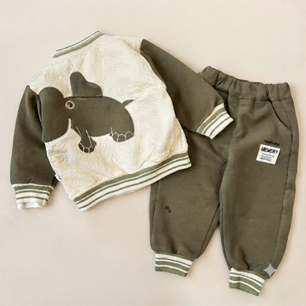 Baby Boy Elephant Print Jogger Set in Brown