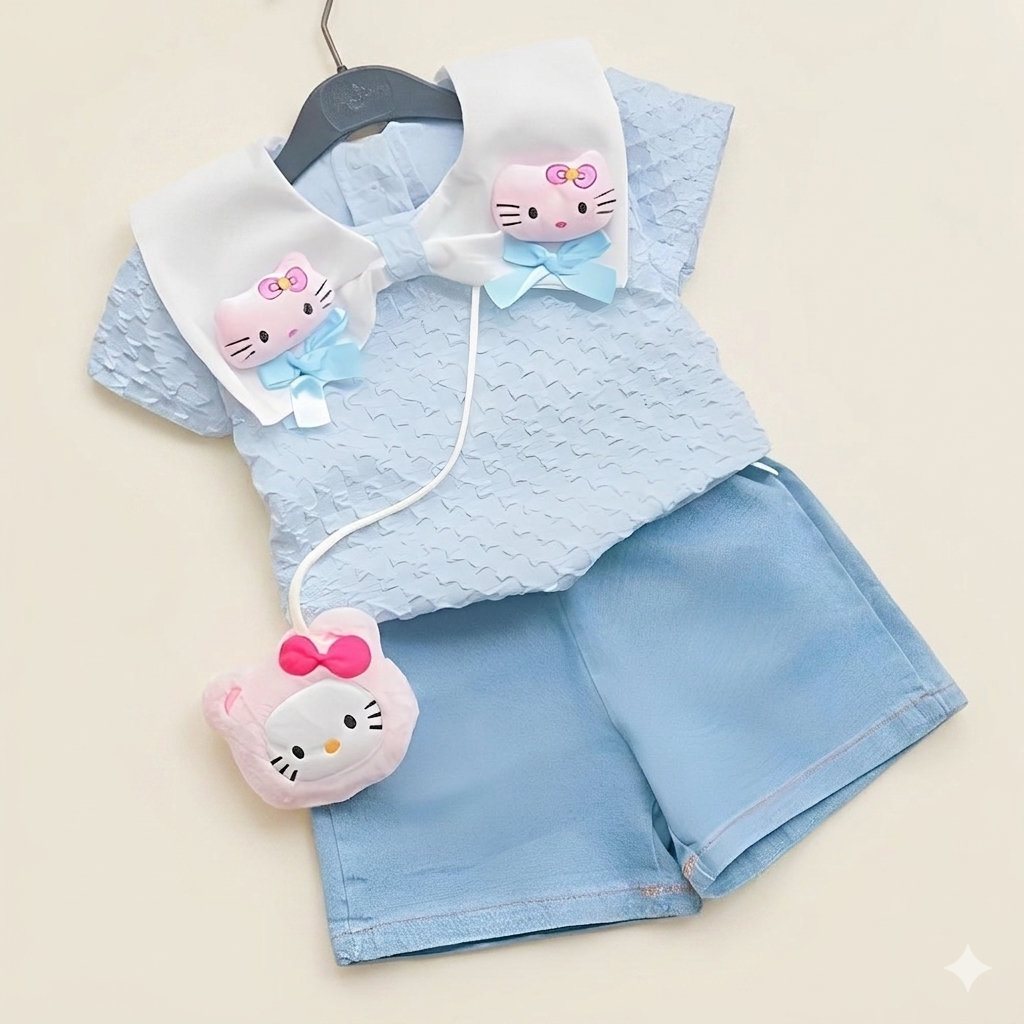 Kitty Charm Blue 2-Piece Outfit with Mini Purse