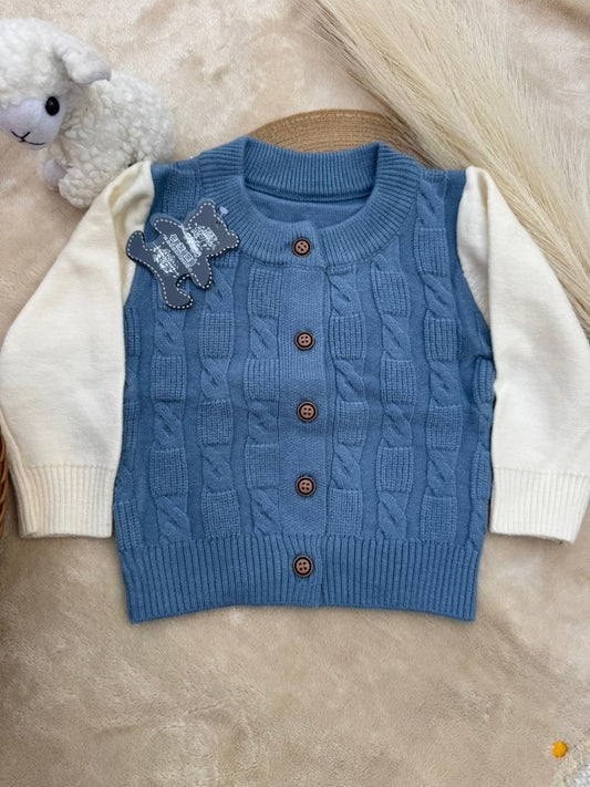 Two-Tone Teddy Cable Knit Cardigan (Blue & Cream)