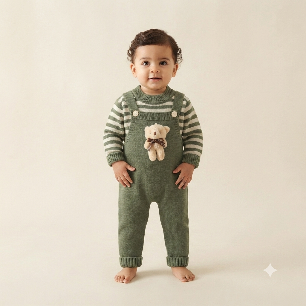 Sage Green Bear Accent Striped Knit Baby Romper