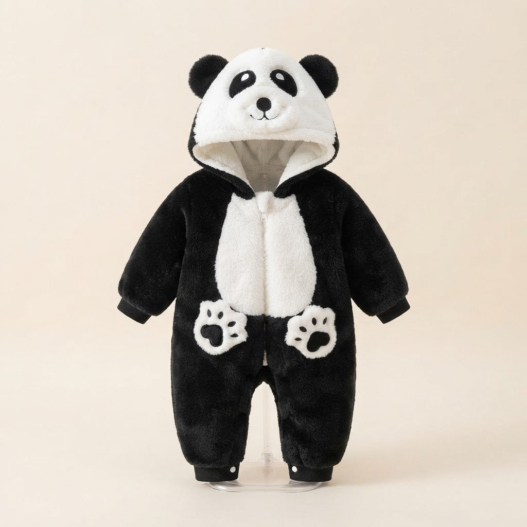 Fluffy Hooded Panda Baby Romper-Black