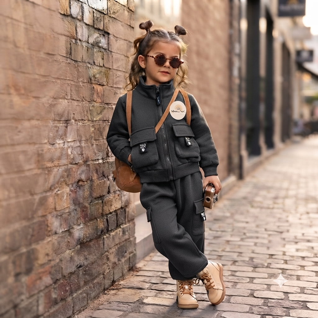 Unisex Kids Fleece Cargo Tracksuit Set-Black