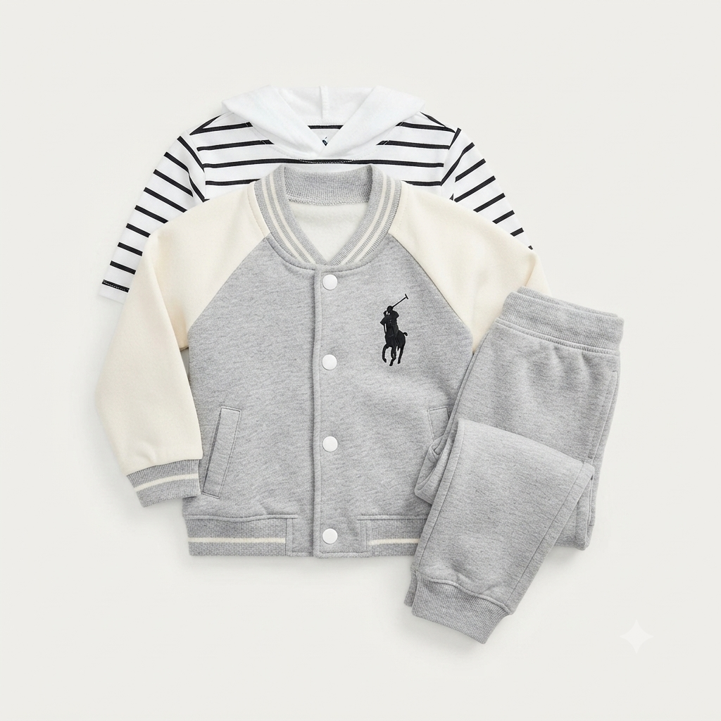 Polo Boy 3-Piece Varsity Jacket, Striped Hoodie, and Jogger Set-Grey