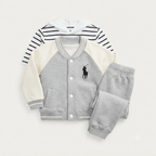 Polo Boy 3-Piece Varsity Jacket, Striped Hoodie, and Jogger Set-Grey
