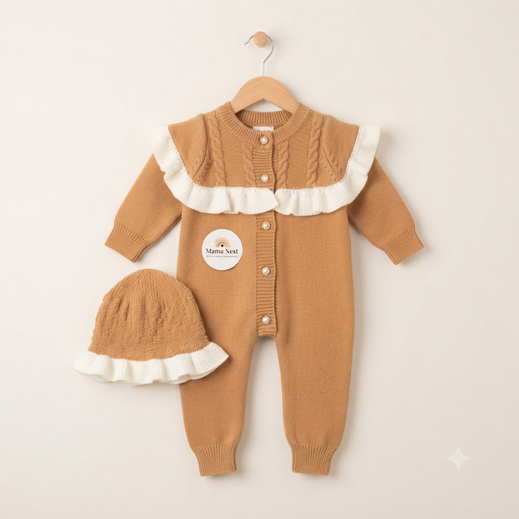 Cozy Caramel Knit Ruffle Romper & Matching Beanie Set