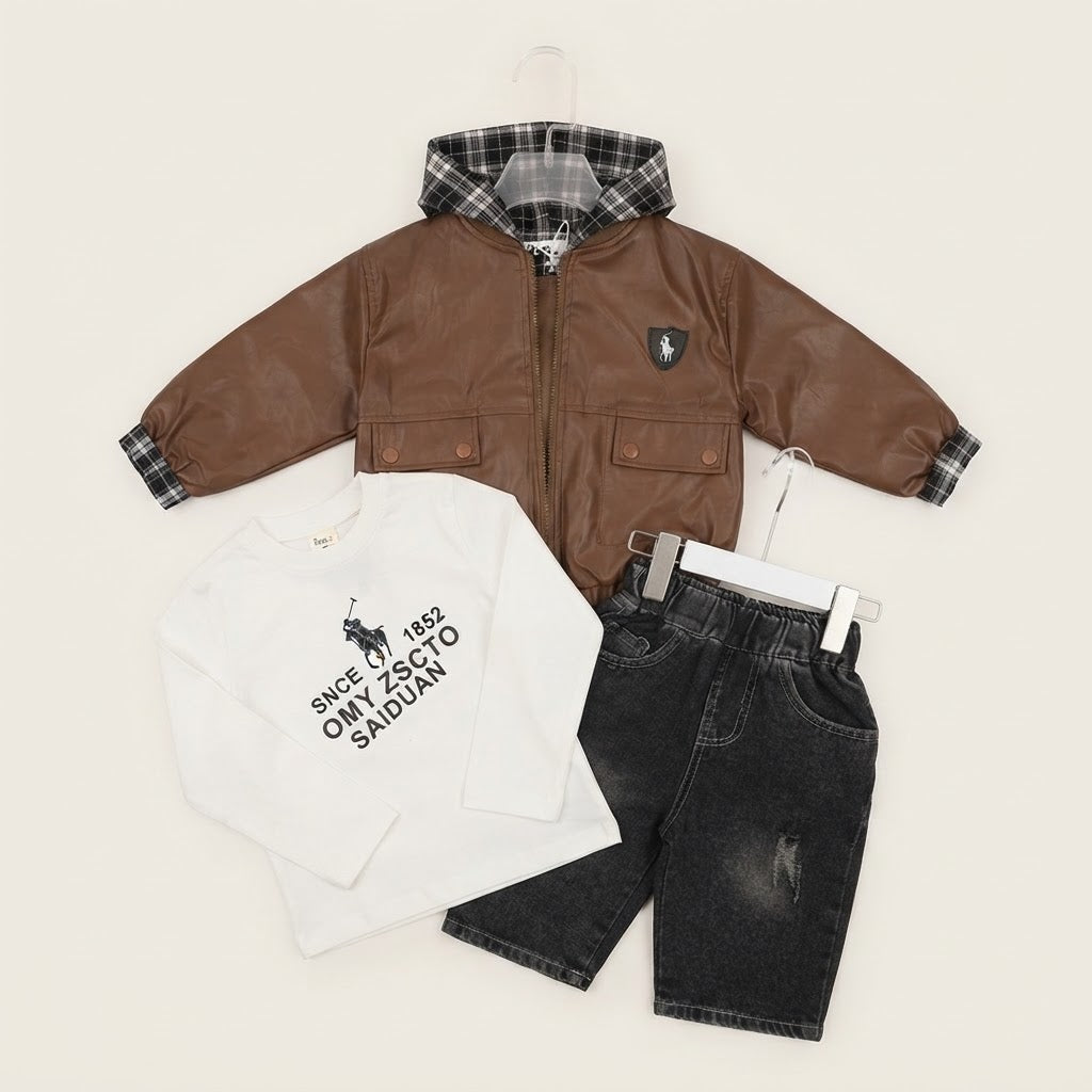 Toddler Boys Plaid-Hooded Faux-Leather Jacket & Baggy Set