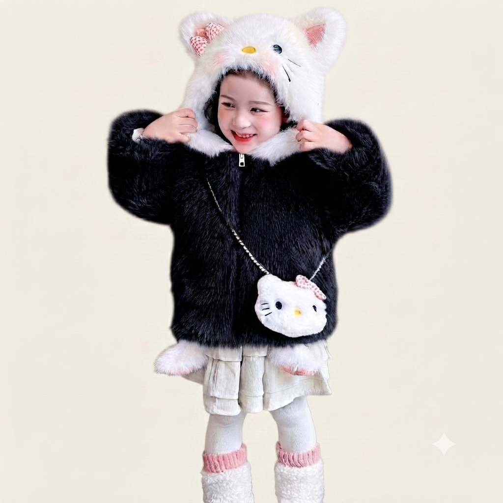 Plush Kitty Hooded Faux Fur Jacket- Black