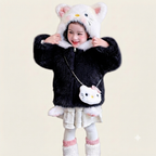 Plush Kitty Hooded Faux Fur Jacket- Black