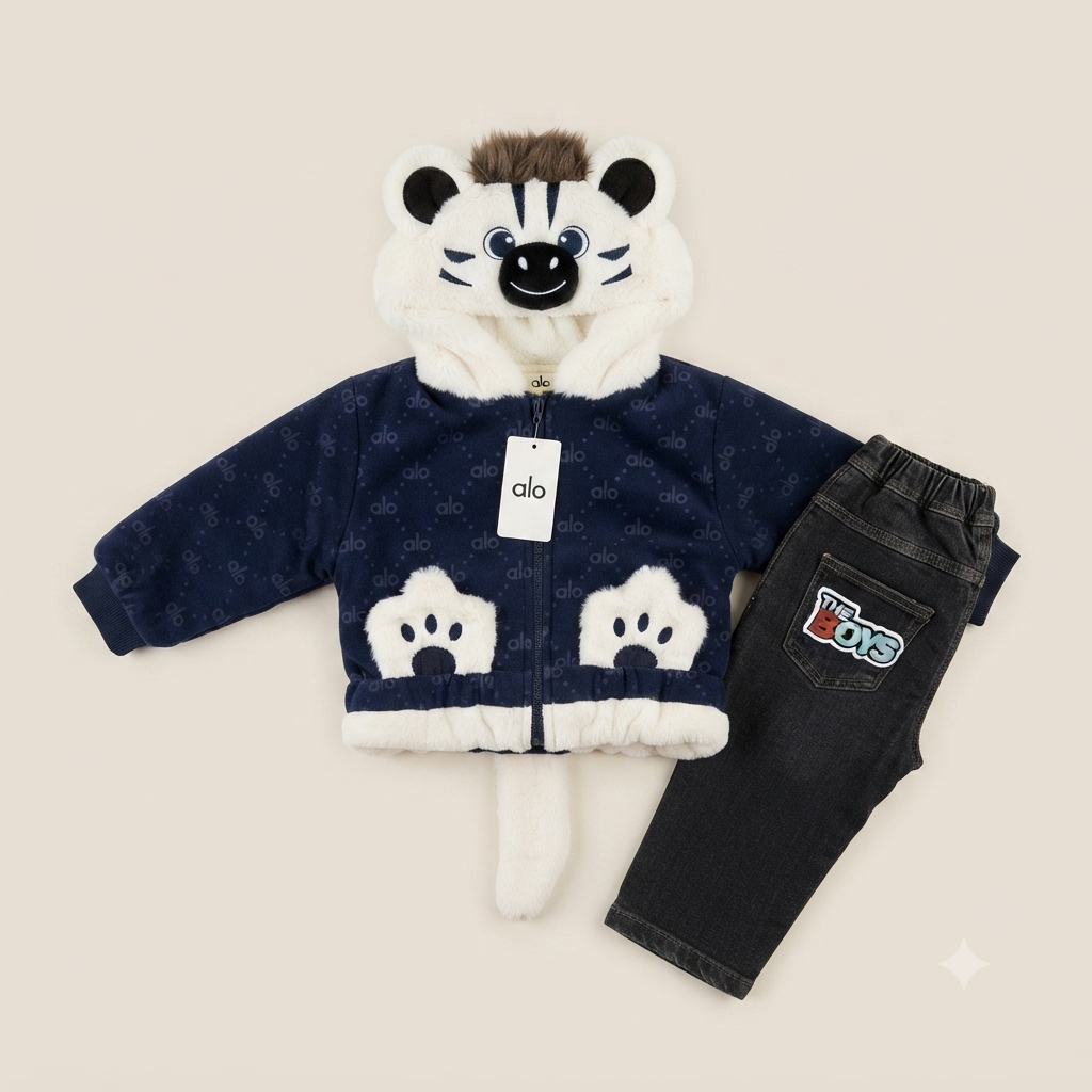 Kids Tiger leather Winter Jacket & Fur-Lined Baggy Pants Set