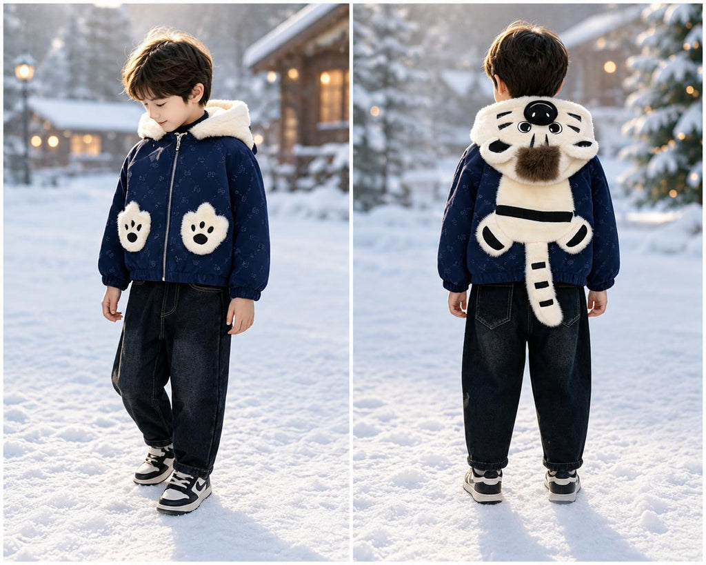 Kids Tiger leather Winter Jacket & Fur-Lined Baggy Pants Set