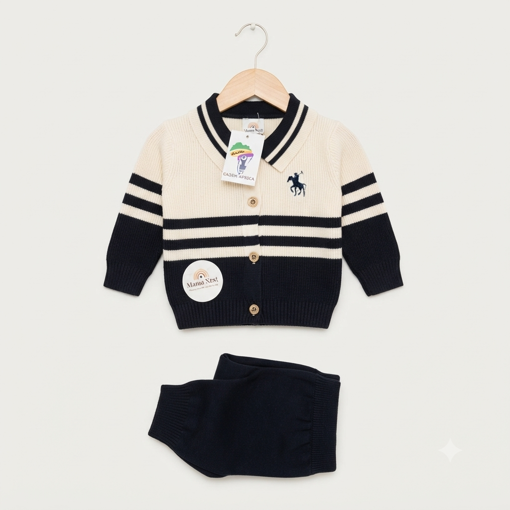 Black & White Striped Knit Baby Cardigan and Pants Set